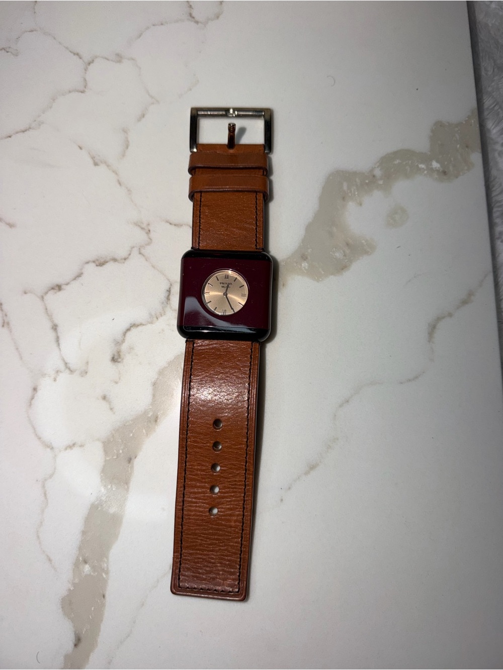 Prada Brown Leather Strap Watch with Burgundy Square Dial and Gold Face